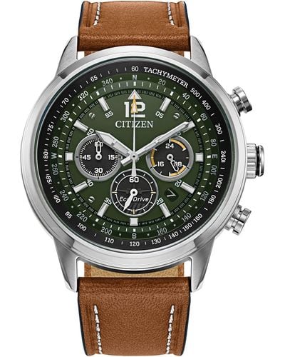 Citizen Eco-drive Weekender Sport Chronograph Watch In Brown Leather Strap - Metallic