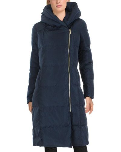 Cole Haan Down Coat With Bib Front And Dramatic Hood - Blue