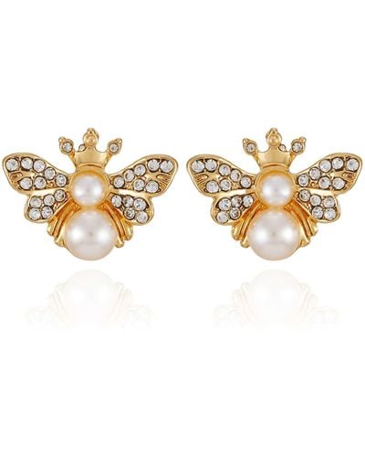 Juicy Couture Goldtone White Pearl Bead Butterfly Button Stud Earrings - Metallic
