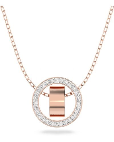 Swarovski Hollow Pendant Necklace With Double Circle Motif In Rose Gold Tone And White Crystal Pavé On A Rose Gold-tone Finish Chain - Metallic