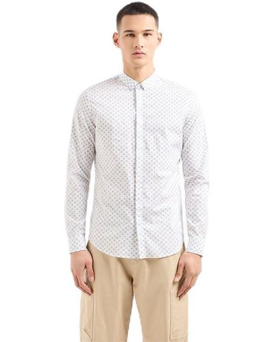 Emporio Armani A | X Armani Exchange Long Sleeve Micro Print Button Down Shirt. Slim Fit - White