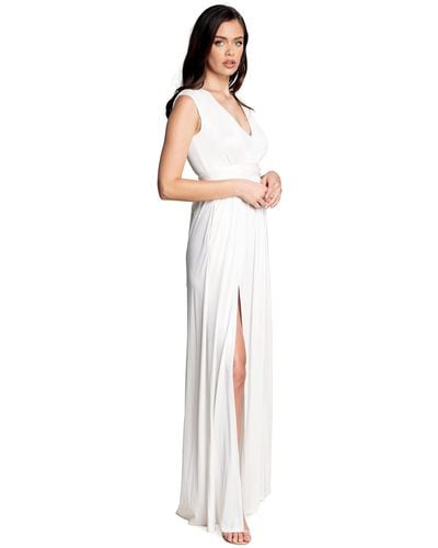 Dress the Population Krista V Neck Tie Waist Coated Jersey Slit Front Maxi Dress - White