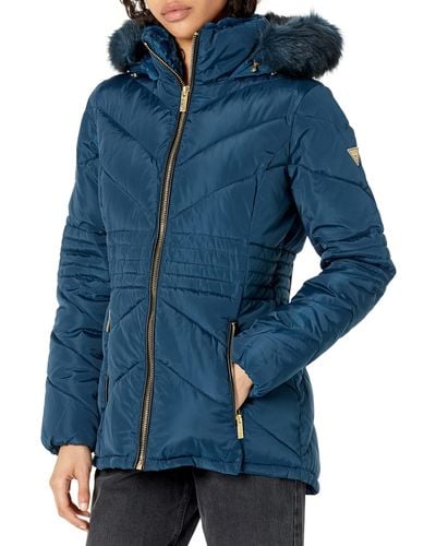 Guess Short Hooded Puffer Coat With Faux Fur Bib - Blue