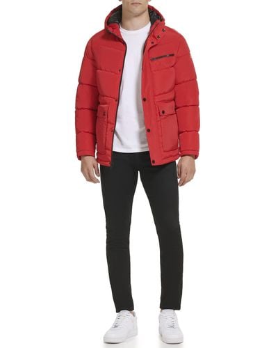 Kenneth Cole Reflective Zipper Tape Puffer Memory Fabric Jacket - Red