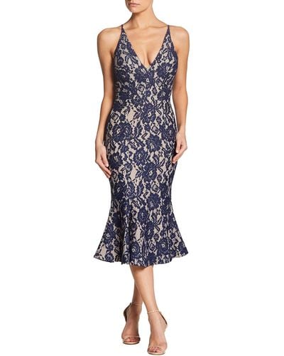 Dress the Population Isabelle Plunging Spaghetti Strap Mermaid Fitted Midi Dress - Blue