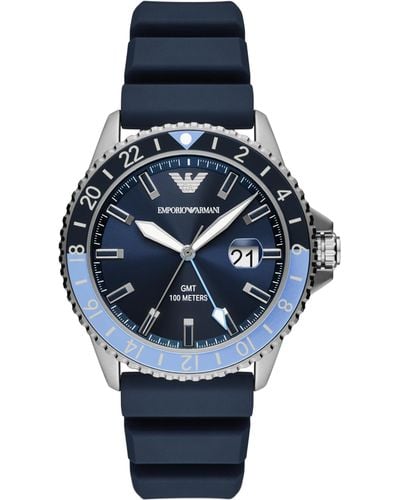 Emporio Armani Gmt Dual Time Silver And Blue Silicone Band Watch