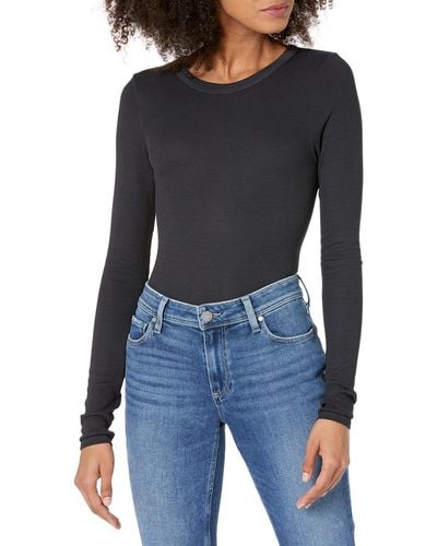 Enza Costa Stretch Silk Rib Fitted Long Sleeve Crew Neck Top - Black