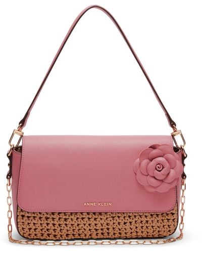 Anne Klein Soft Straw Flap Shoulder Bag With Floral Applique - Pink