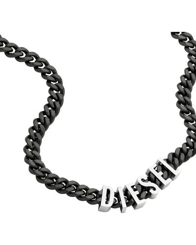 DIESEL Logo Gunmetal Gray And Silver Two-tone Stainless Steel Chain Necklace - Brown