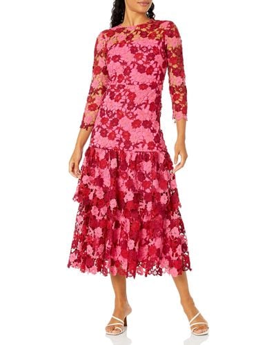 Shoshanna Angeline Bouquet Lace Long Sleeve Ankle Length Dress - Red
