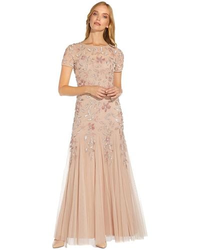 Adrianna Papell Short-sleeve Floral Beaded Godet Gown - Natural