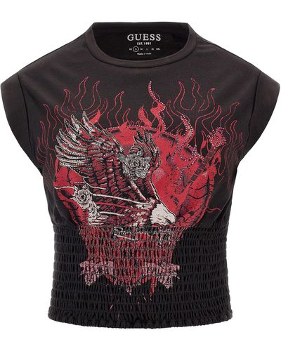 Guess Sleeveless Eagle Flames Smocked Tee - Red
