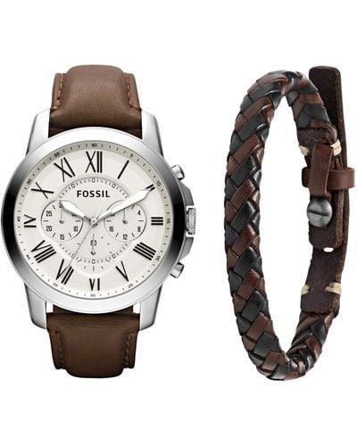 Fossil Grant Stainless Steel And Leather Chronograph Quartz Watch And Braided Bracelet - Brown