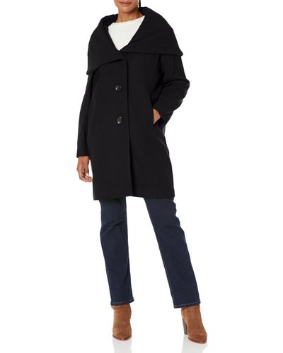 DKNY Outerwear Softshell Jacket,black Midi With 2 Buttons And Wide Hood ,s