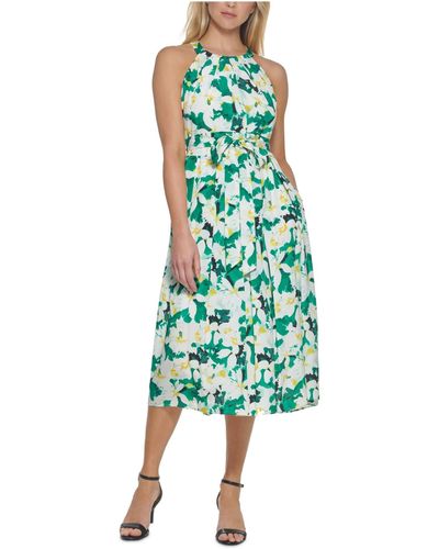 Vince Camuto Printed Crepe De Chine Halter Neck Wide Inset Waistband Midi - Green