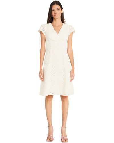 Maggy London V-neck Cap Sleeve Knee Length Fit And Flare Summer Dress For - White