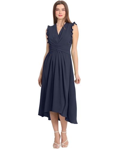 Maggy London V-neck Hi-lo Midi Dress With Gathered Waist And Sleeveless Ruffle Details - Blue