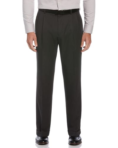 Perry Ellis Mens Classic Fit Elastic Waist Double Pleated Cuffed Dress Pants - Gray