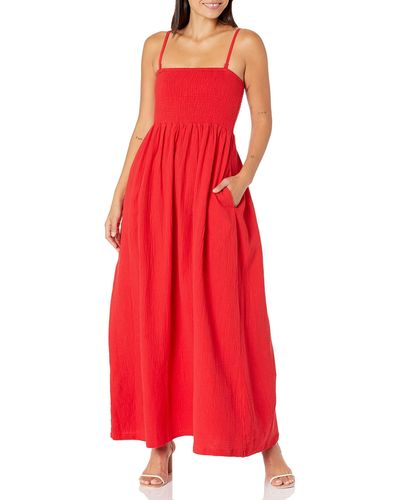 Monrow Hd0483-1-gauze Smocked Long Dress - Red