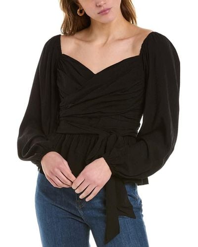 BCBGMAXAZRIA Fitted Peplum Top Off The Shoulder Long Sleeve Sweetheart Neck Smocked Back Bodice Shirt - Black