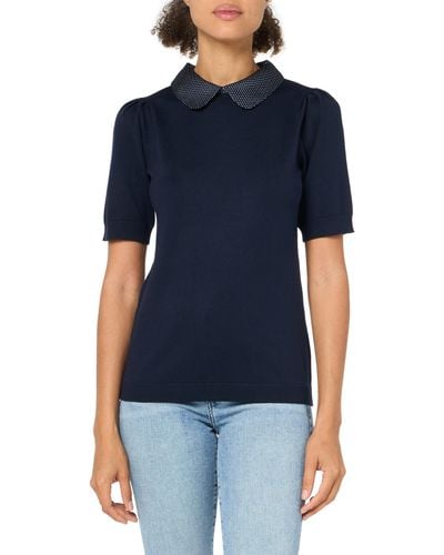 Adrianna Papell Short Sleeve Sweater Knit Top With Printed Collar - Blue