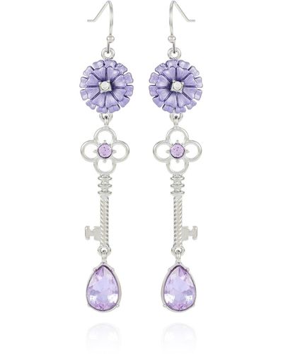 Guess Floral Tanzanite Silvertone And Violet Lock Drop Earrings - Purple
