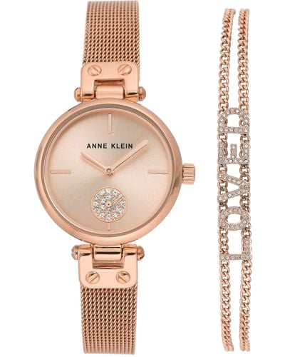 Anne Klein Premium Crystal Accented Rose Gold-tone Mesh Watch And Bracelet Set - White
