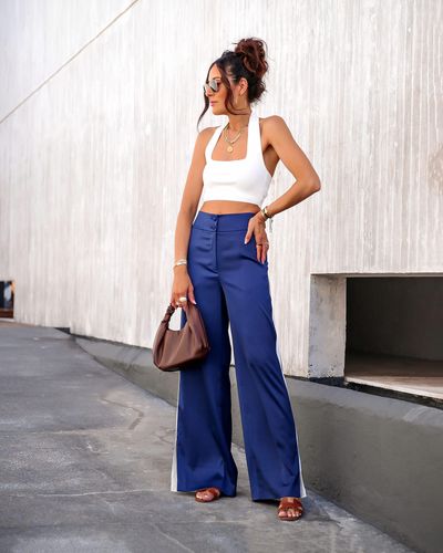 The Drop Medieval Blue High Waist Contrast Trim Wide Leg Pant By @lucyswhims - White