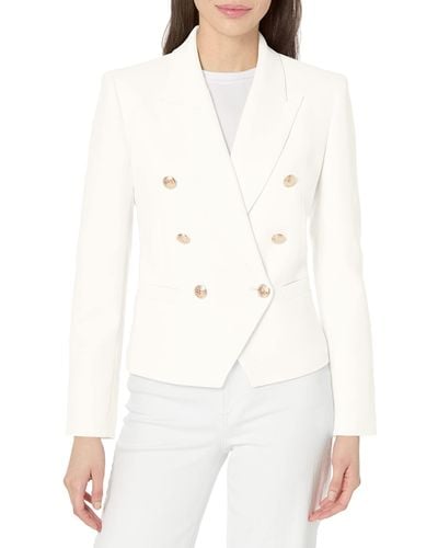 BCBGMAXAZRIA Fitted Double Breasted Blazer Long Sleeve Button V Neck Peak Lapel Functional Pocket Jacket - White