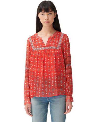 Lucky Brand Womens Long Sleeves Notch Neck Border Print Blouse - Red