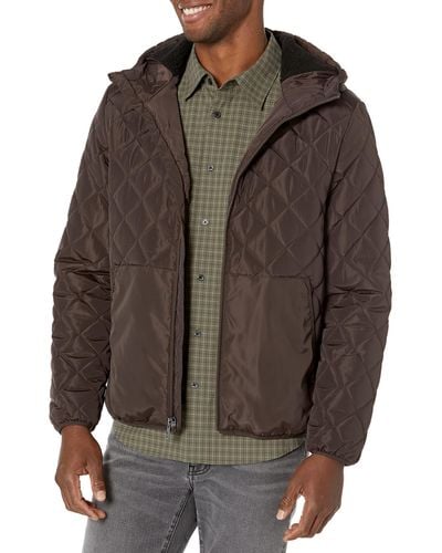 Kenneth Cole Diamond Quilted Puffer Jacket With Sherpa Lined Hood - Brown