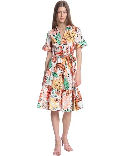 Donna Morgan Leaf Printed Tiered Knee Length Dress With Collar And Waist Tie