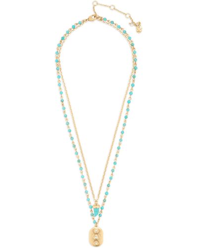 Lucky Brand Beaded Tag And Horn Pendant Layer Necklace - Metallic