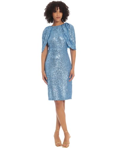 Maggy London Draped Sleeves Knee Length Sequin Dress - Blue