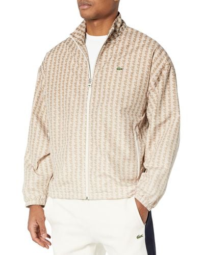 Lacoste Long Sleeve Aop L Full Zip Hoodless Blouson Jacket W/arm Stripes & Large Croc Back Graphic - Natural