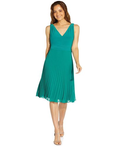 Adrianna Papell Stretch Jersey And Chiffon Pleat Skirt Dress With Tie Back - Blue