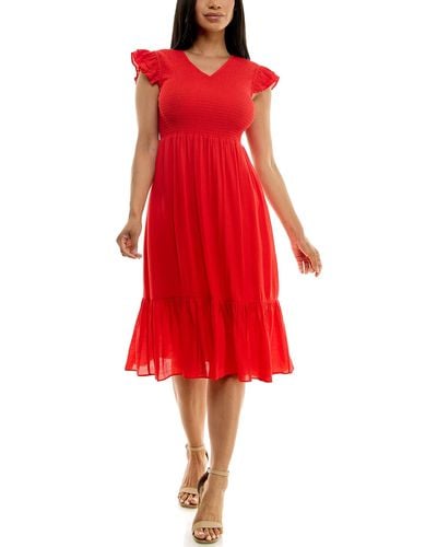 Nanette Lepore Carribean Texture Dress With Smock Chest And Flutter Sleeve - Red