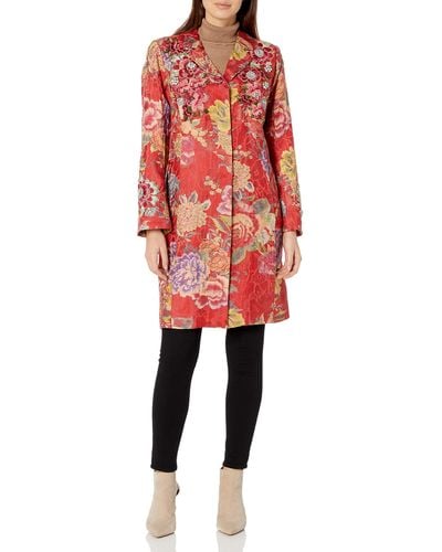 Johnny Was Biya By Printed Floral Coat With Applique And Jewel Detail - Red