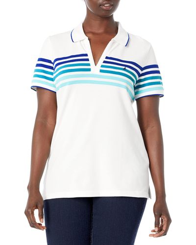 Nautica Classic Fit Striped V-Neck Collar Stretch Cotton Polo Shirt Poloshirt - Weiß