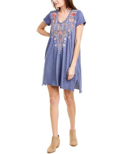 Johnny Was Embroidered Draped Knit Tunc Dress - Blue