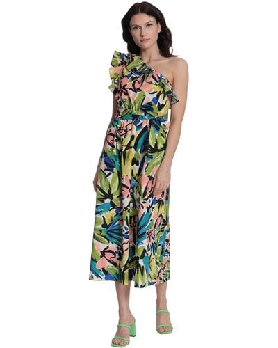 Donna Morgan Plus Size Bold Floral Printed Midi Dress With Ruffle One Shoulder - Green