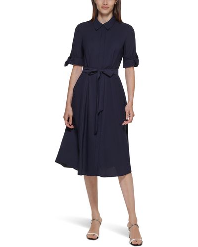 Calvin Klein Dot Crepe Shirt Dress With Short Sleeve Tie Detail - Blue