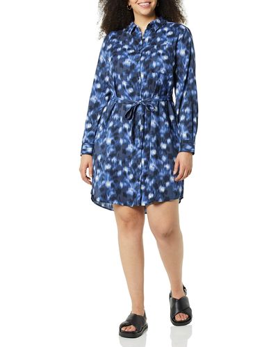 Daily Ritual Georgette Fluid Drape Long-sleeve Button Down Shirt Dress - Blue