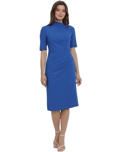 Maggy London Side Pleat Dress With Asymmetric Neck And Elbow Sleeves - Blue