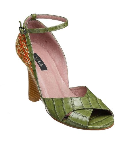 N.y.l.a. Coco Ankle Strap Wedge,olive Croc,5.5 M - Green