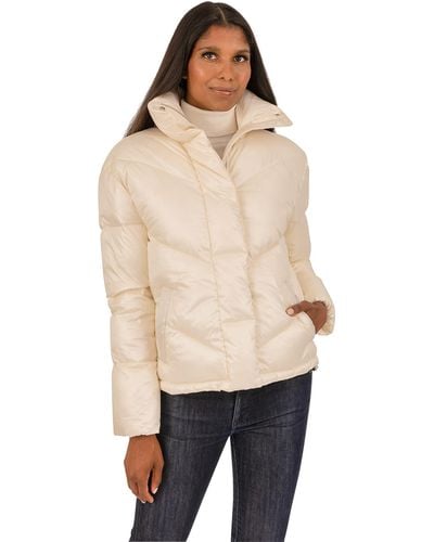 Kensie Stand Collar Puffer With Chevron Stitching - Natural