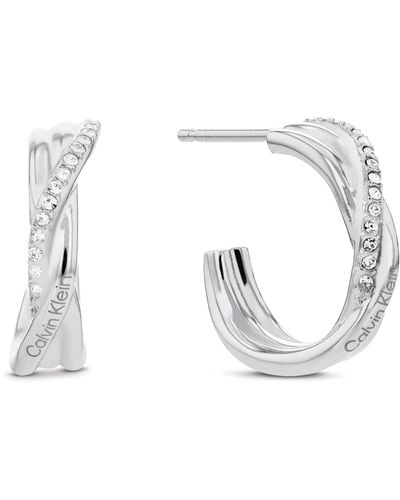 Calvin Klein Crystalized Weave Stainless Steel Hoop Crystal Earrings For - White