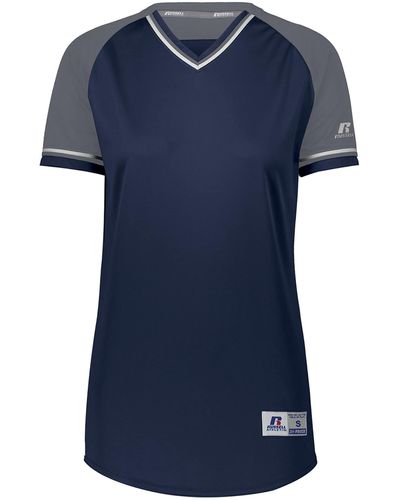 Russell Standard V-neck Softball Jersey-short Sleeve Moisture-wicking Tee-classic Athletic Wear - Blue