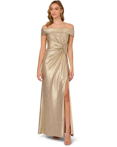Adrianna Papell Off Shoulder Metallic Gown - Natural