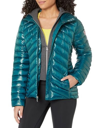 Guess Womens Hooded Packable Puffer Transitional Jacket - Blue